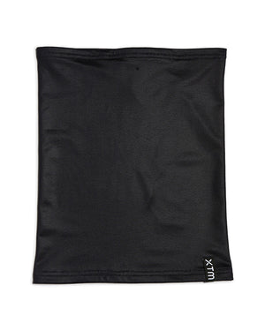 XTM Tempo neck warmer in Black, laid flat to show the tube shape and woven XTM label