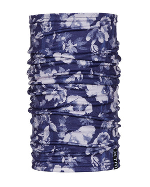 XTM Tempo neck tube in Flowerfields, deep navy with a white and lilac floral print, standing upright