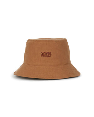 XTM Sundew bucket hat in Woodsmoke tan with a tonal embroidered XTM logo, product shot