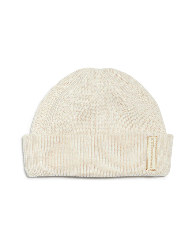 Cream XTM Casey wool-blend beanie, rib knit with folded cuff and embroidered badge