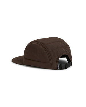 Back view of the XTM Alpine Puffer Cap in Java brown with adjustable buckle strap at the rear