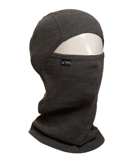 XTM Kids Merino wool balaclava in Mid Grey Marle on a mannequin, showing full head, face and neck coverage