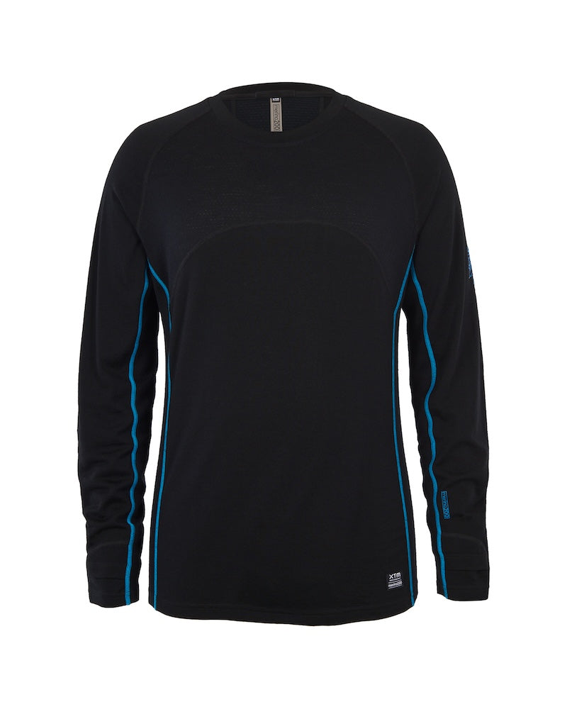 XTM Valentino Active200 merino top laid flat, black with blue side seams