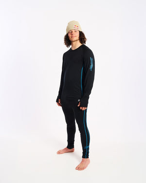 Three-quarter view of the XTM Valentino merino top showing the snow leopard sleeve print