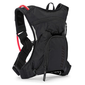 USWE MTB Hydro 3L in Black with tonal black logo on the front pocket, front three-quarter view