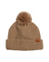 Taupe XTM Dandy merino wool blend beanie with matching yarn pom pom, folded cuff and leather badge