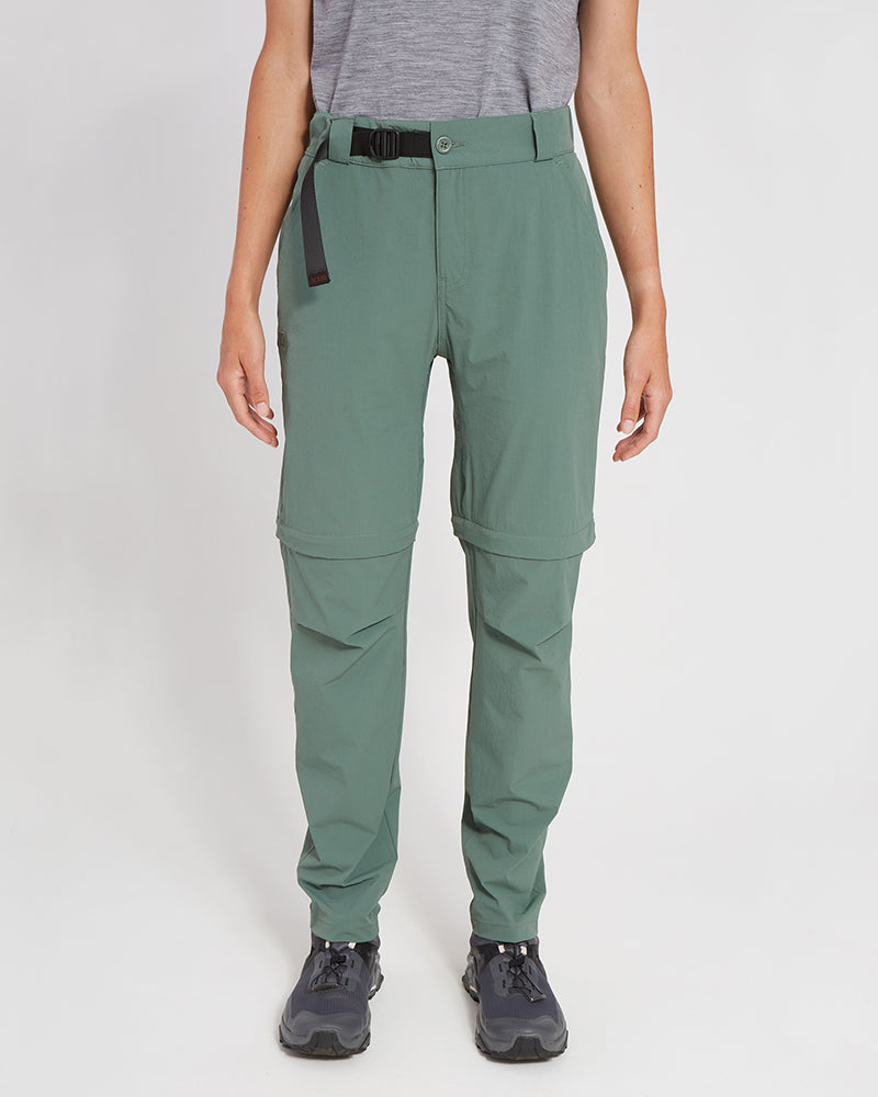 XTM Wye River women's zip-off hiking pants in Spruce Green with black belt, front view