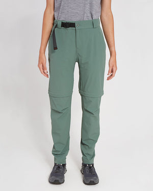 XTM Wye River women's zip-off hiking pants in Spruce Green with black belt, front view