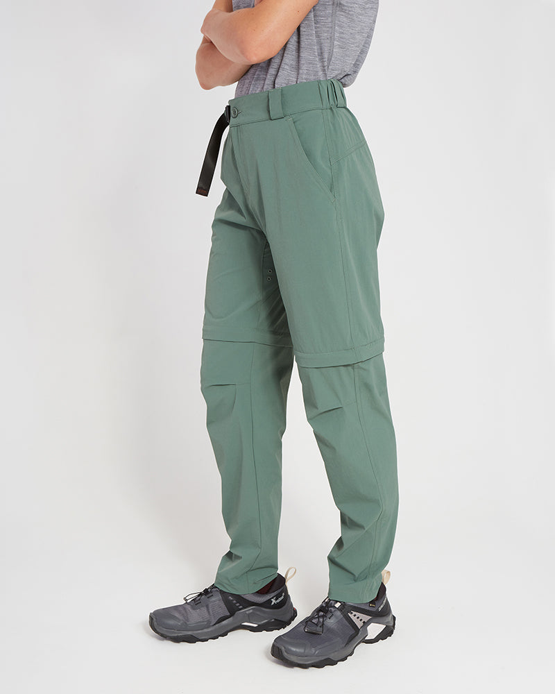 XTM Wye River Spruce Green zip-off pants side view showing knee darts and leg zip