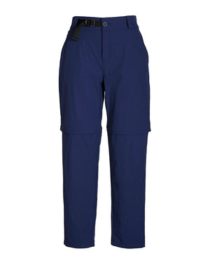 XTM Wye River zip-off hiking pant in Naval Blue laid flat, full length with belt and knee zip seam