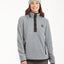 Woman wearing XTM Shelly fleece pullover in Light Grey Marle, front view with black snap placket