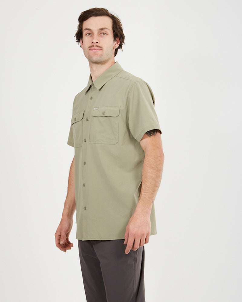 Three-quarter view of the Light Khaki XTM Dunkeld short sleeve shirt