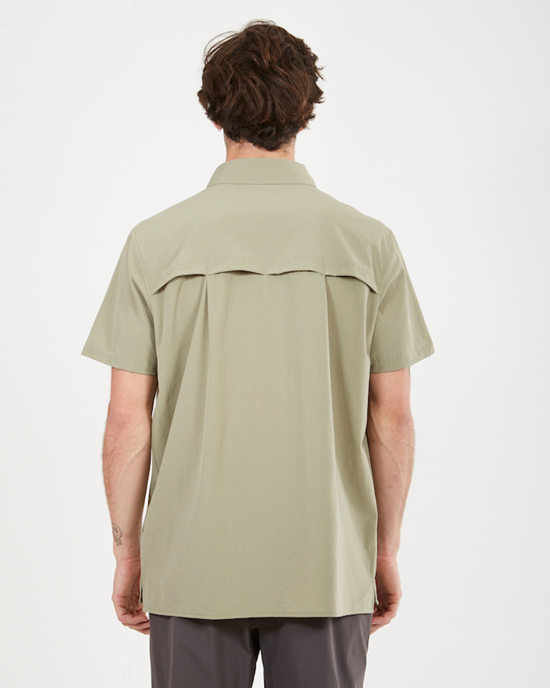 Back view of the Light Khaki XTM Dunkeld shirt showing the vented back yoke