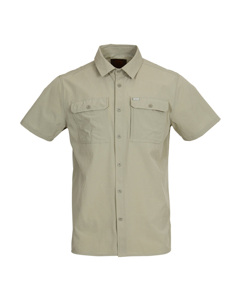 Light Khaki XTM Dunkeld short sleeve hiking shirt on its own, front view