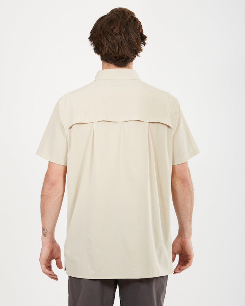 Back view of the Sand XTM Dunkeld short sleeve shirt with the vented back yoke