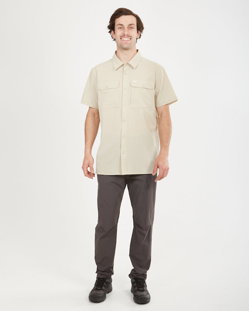 Full-length view of a man in the Sand XTM Dunkeld short sleeve shirt