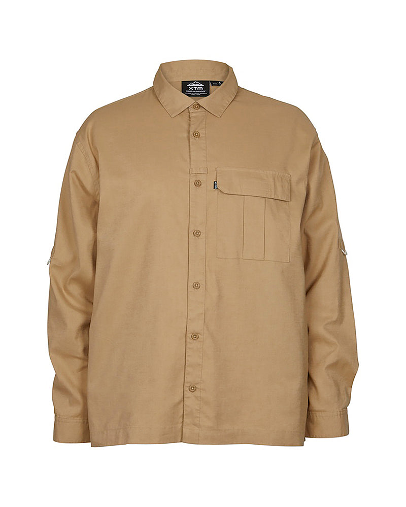 XTM Messmate men's hemp blend long sleeve shirt in Dune on its own, front view