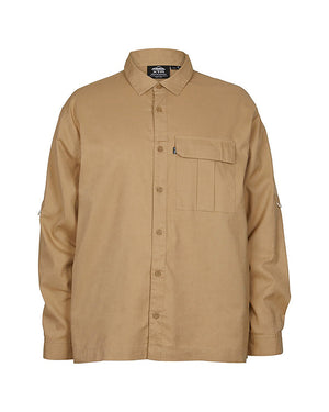 XTM Messmate men's hemp blend long sleeve shirt in Dune on its own, front view