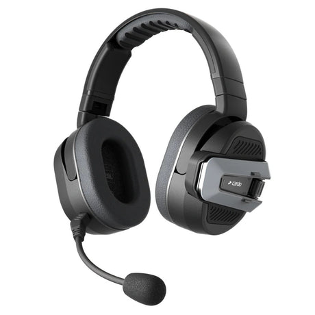 Cardo Packtalk Edgephones ORV over-head headset with boom microphone and the Packtalk Edge unit on the ear cup