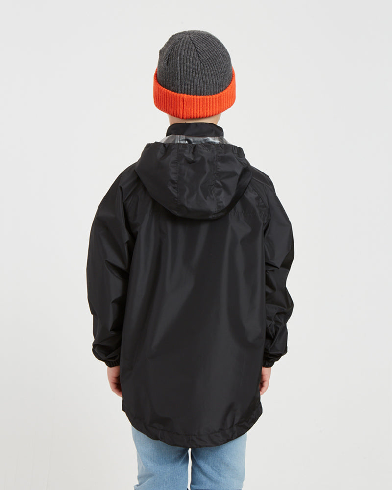 Back view of the XTM Kids Stash 2L rain jacket in Black with the hood down