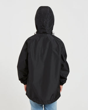 Back view of the XTM Kids Stash 2L rain jacket in Black with the hood up