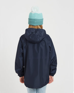 Back view of the XTM Kids Stash 2L rain jacket in Patriot Blue with the hood down
