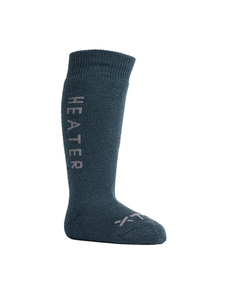 Single XTM Heater Babies Merino sock in Ocean, side view showing the long leg