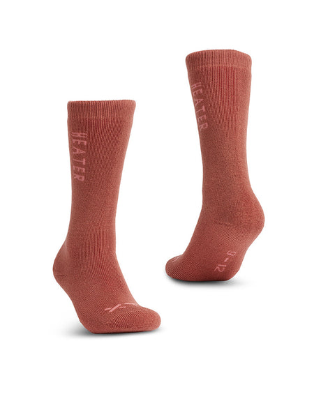 Pair of XTM Kids Heater thick Merino socks in Dusty Pink with HEATER down the leg
