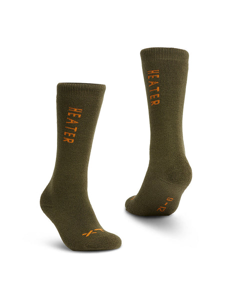 Pair of XTM Kids Heater thick Merino socks in Kalamata olive green with orange lettering