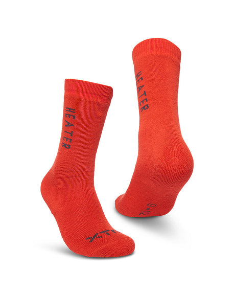 Pair of XTM Kids Heater thick Merino socks in Lava red-orange with dark lettering