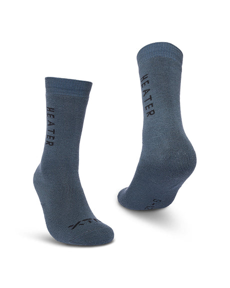 Pair of XTM Kids Heater thick Merino socks in Ocean slate blue with navy lettering