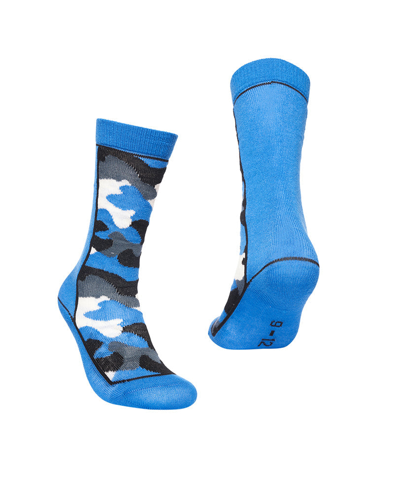 XTM Kids Trooper Merino Blend Winter Sock in French Blue camo, a pair shown from the side and the back