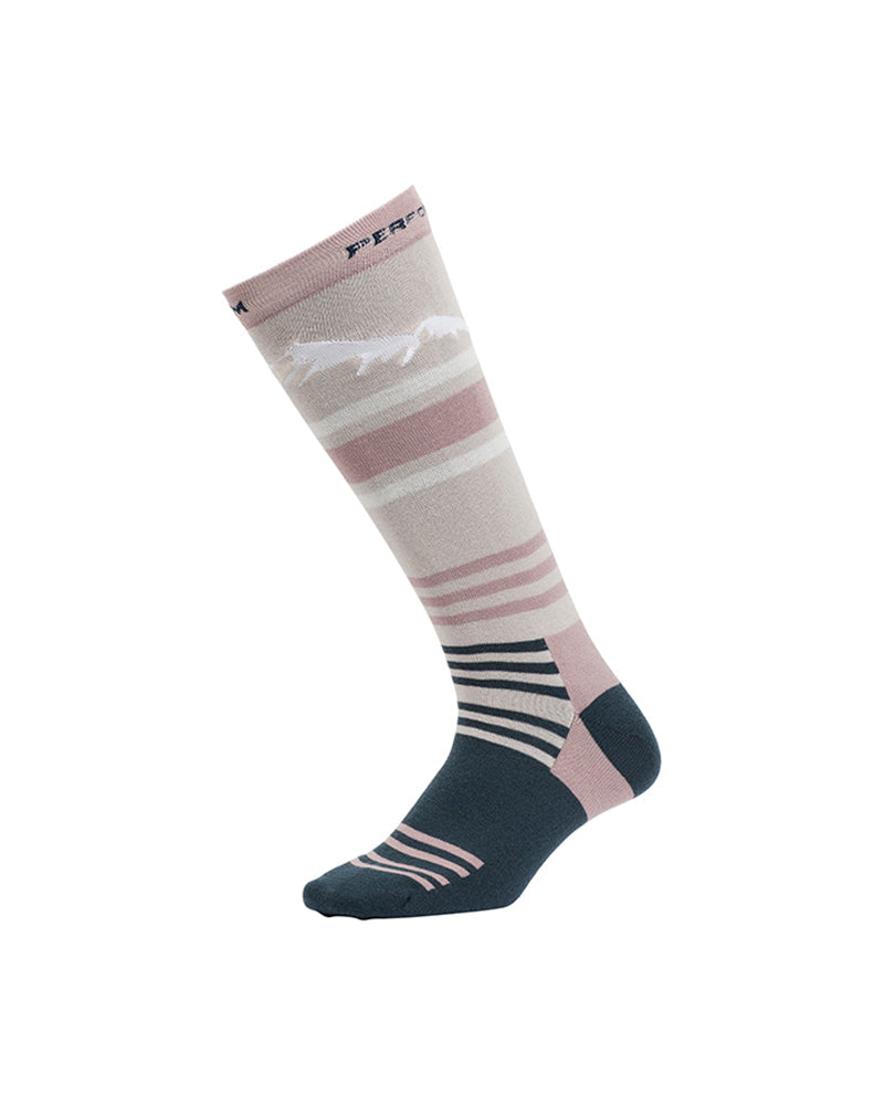 Single XTM Trooper sock in Fog, side view of the mountain-ridge band and pink stripes