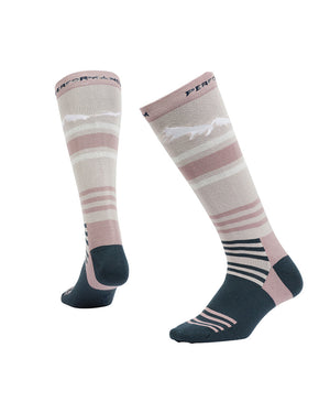 Pair of XTM Trooper socks in Fog, pale grey and dusty pink stripes with a dark teal heel and toe