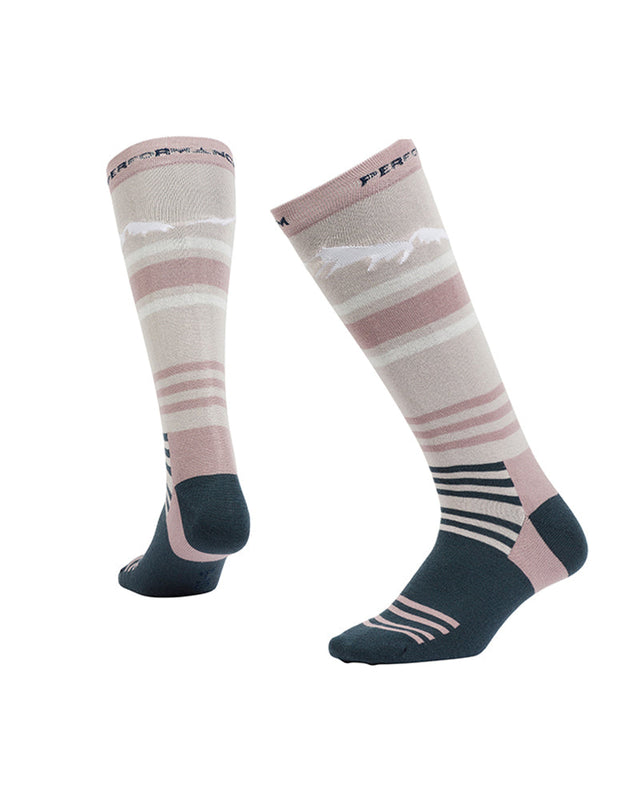 Pair of XTM Trooper socks in Fog, pale grey and dusty pink stripes with a dark teal heel and toe