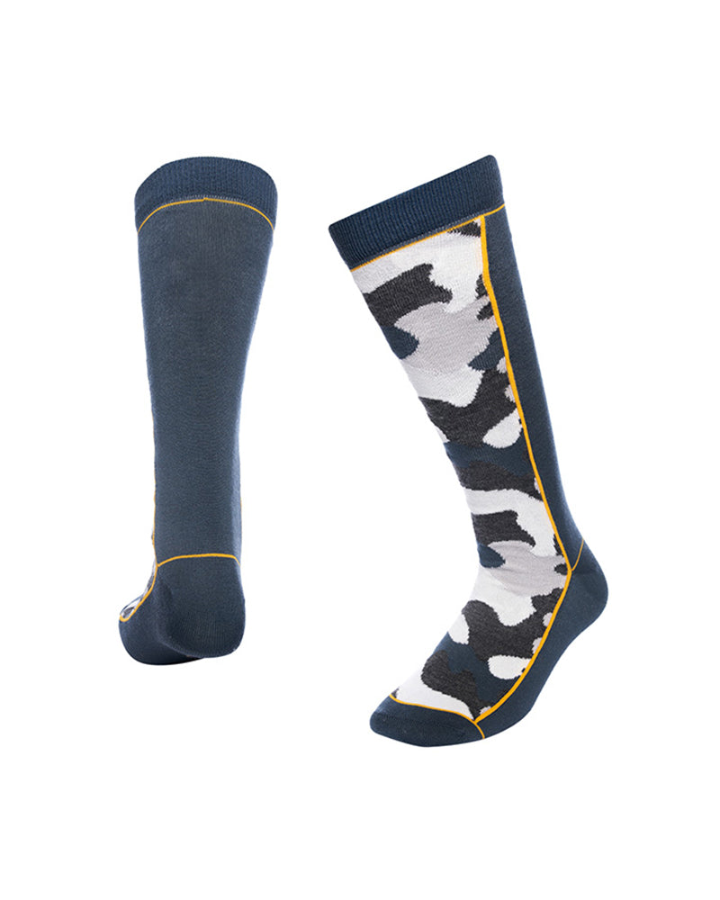 Pair of XTM Trooper socks in Ocean, navy blue with grey camo and yellow piping