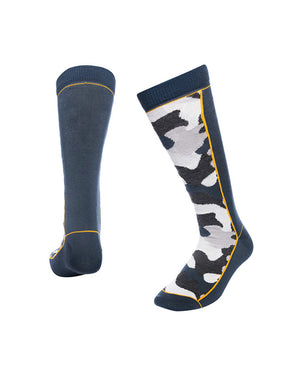 Pair of XTM Trooper socks in Ocean, navy blue with grey camo and yellow piping