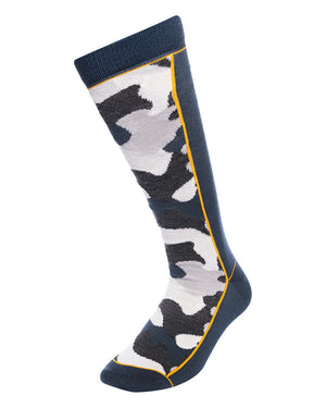 XTM Trooper lightweight sock in Ocean, side view of the camo front and yellow piping