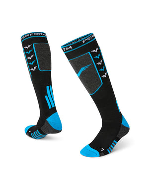 Pair of XTM Valentino technical snow socks in black and blue laid out, inside and outside views