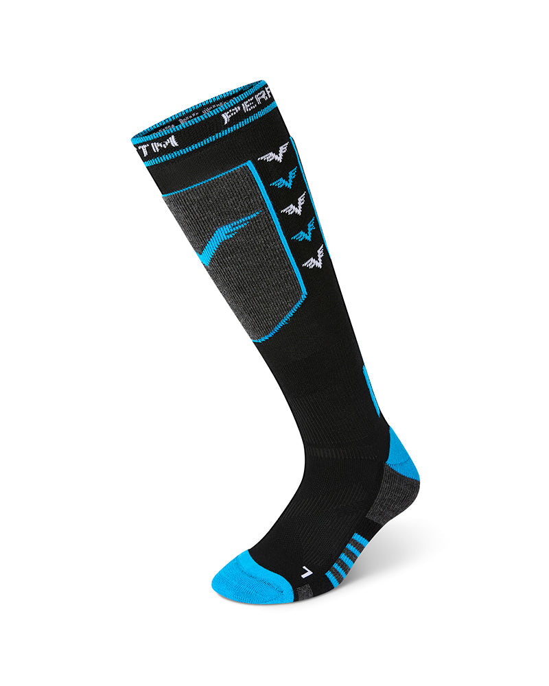 Single black XTM Valentino snow sock with the PERFORMANCE cuff, grey shin panel and blue toe