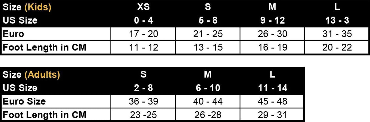 XTM sock size chart: kids and adult sizes with US size, Euro size and foot length in cm