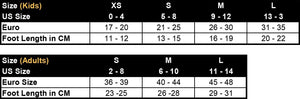 XTM sock size chart: kids and adult sizes with US size, Euro size and foot length in cm