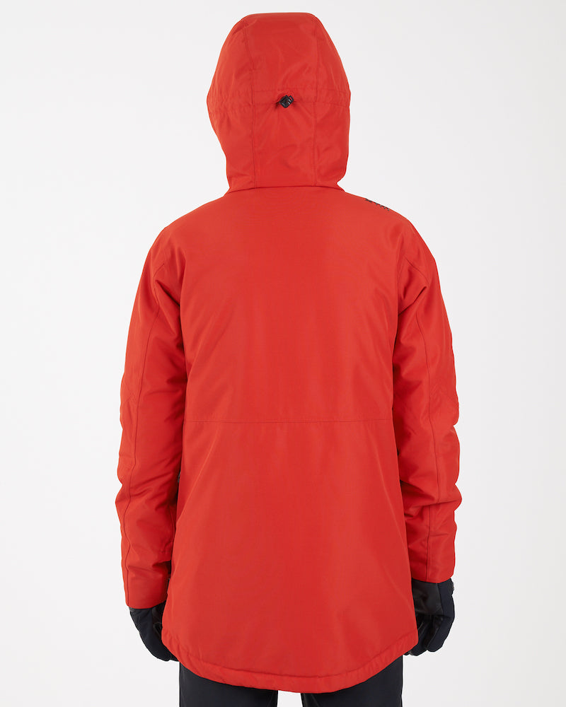 Back view of the Lava XTM Kids Titanium III Snow Jacket worn with the hood fully up and the hood adjuster visible