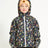 Child wearing the Woodland Navy XTM Kids Yama Snow Jacket with the hood up, front view, white zip