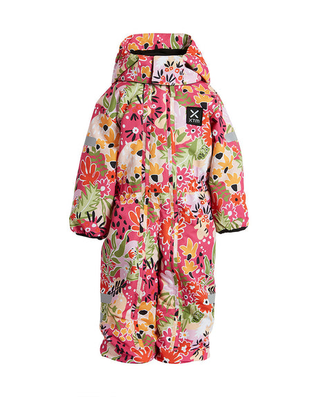 XTM Kids Papoose One-Piece Snow Suit in Magenta Banksia, flat product shot with wrap cuffs