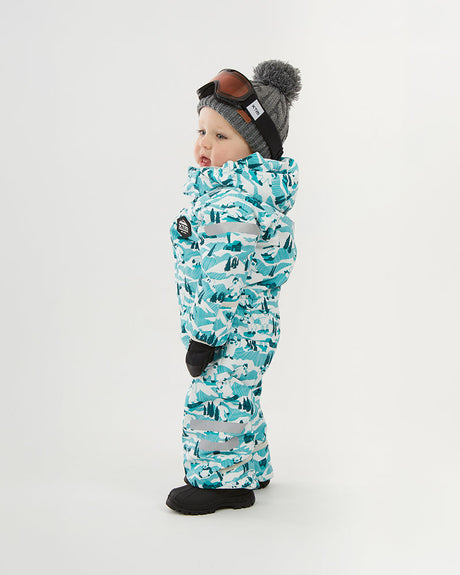 XTM Kids Papoose One-Piece Snow Suit in Yeti Shred, side view on a toddler showing the hood
