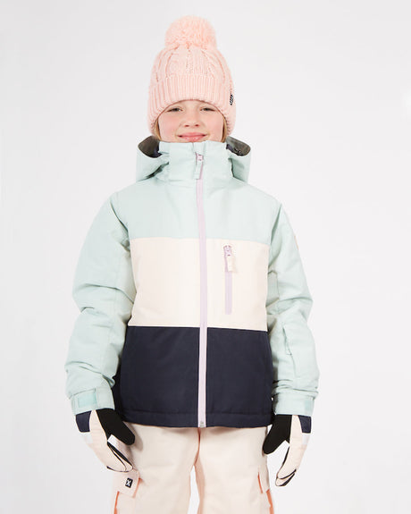 Girl wearing the Cool Mint XTM Kids Snowcone Snow Jacket, mint, cream and navy colour block