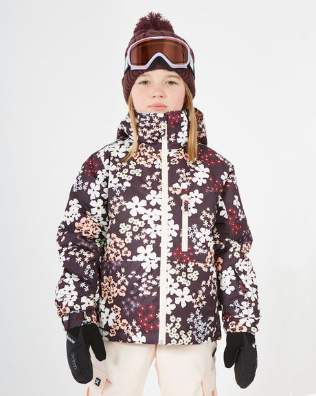 Girl in goggles wearing the Flowerfields XTM Kids Snowcone Snow Jacket, plum floral print