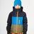 Boy wearing the Kalamata XTM Kids Snowcone Snow Jacket, navy, blue and khaki with orange zip, front view