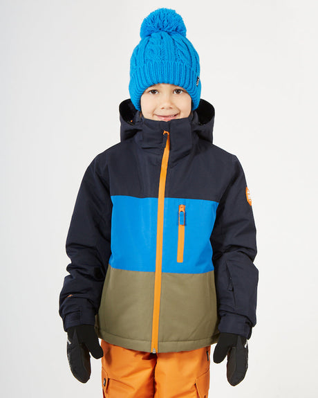 Boy wearing the Kalamata XTM Kids Snowcone Snow Jacket, navy, blue and khaki with orange zip, front view